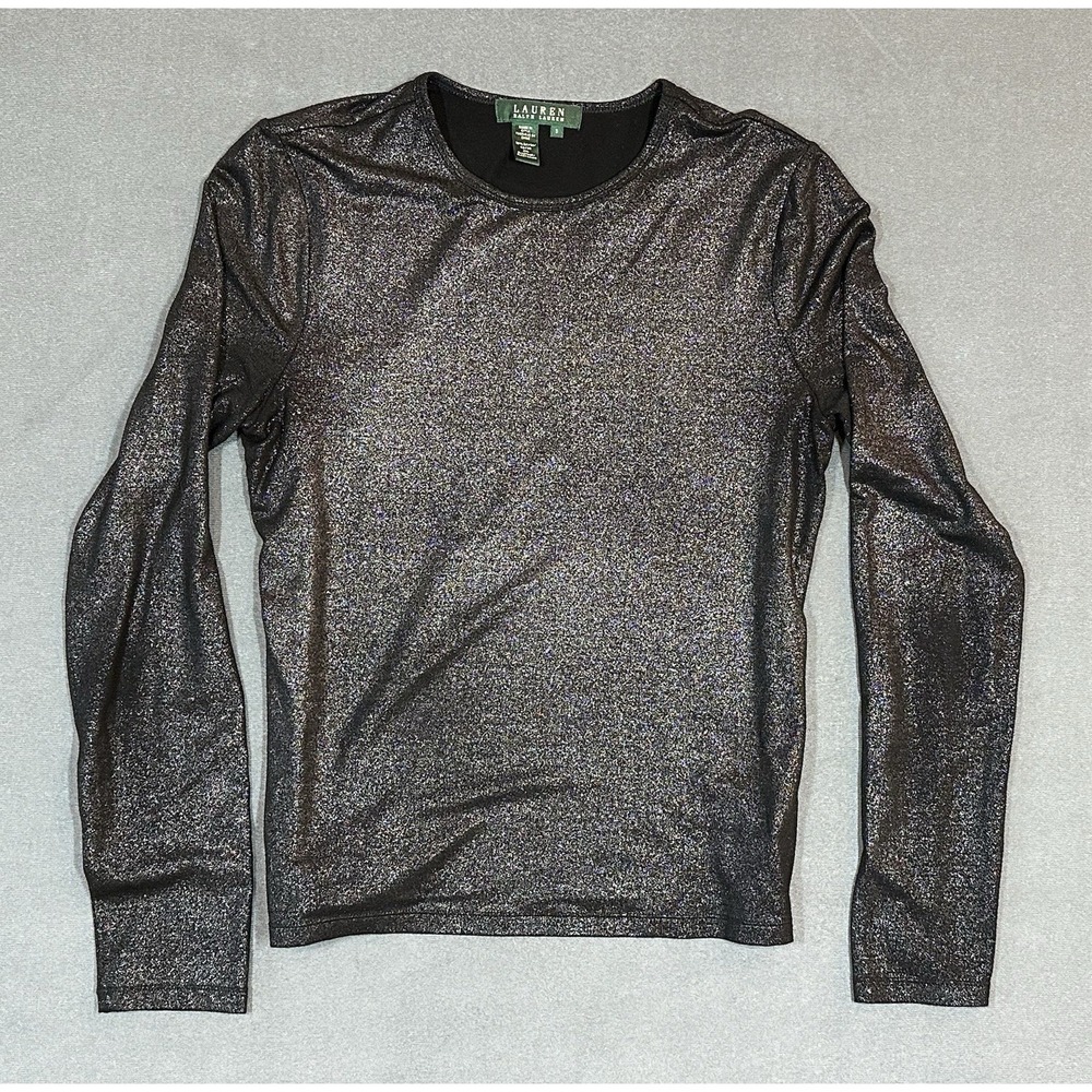 Lauren Ralph Lauren Shirt Womens Shiny Black‎ Scoop Neck Top Long Sleeve Size S